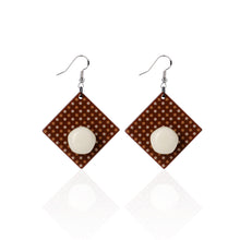 Load image into Gallery viewer, milk chocolate square shape with white  dots handcrafted earrings on white background
