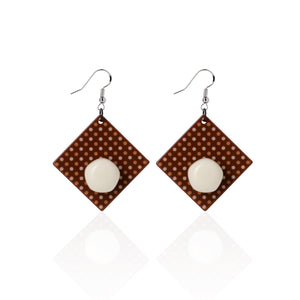 milk chocolate square shape with white  dots handcrafted earrings on white background