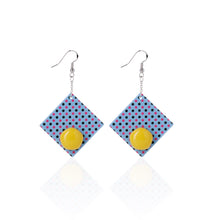 Load image into Gallery viewer, NINI WEAR blue square shape with yellow dots handcrafted earrings on white background

