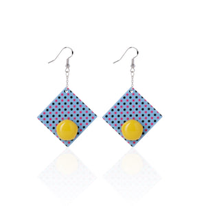 NINI WEAR blue square shape with yellow dots handcrafted earrings on white background