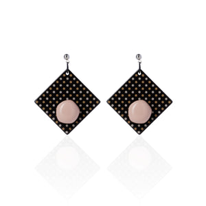 dark chocolate with pink dots design handcrafted earrings on white background