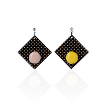 Load image into Gallery viewer, yellow and purple handcrafted earrings on white background
